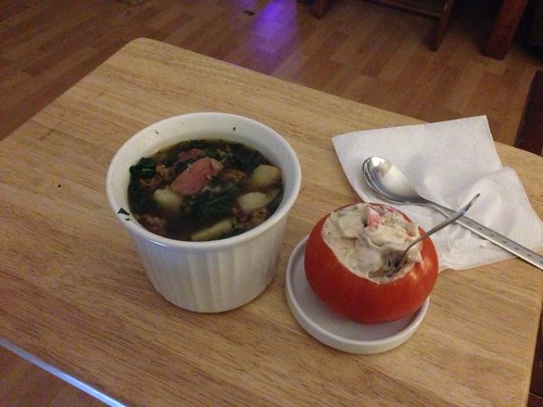 Is this so adorable?! Mock crab salad and spicy sausage kale soup! I am so spoiled. by gmwnet