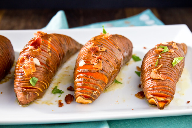 Hasselback Sweet Potatoes with Maple-Cinnamon Butter and Bacon