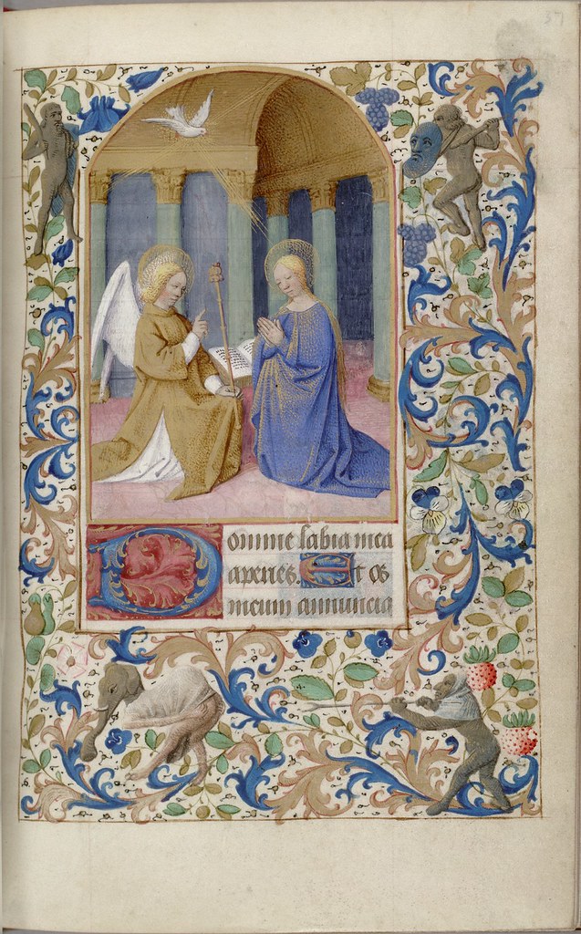 Book of Hours painted miniature of Annunciation bible scene