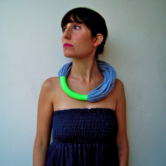 the funky neon necklace- handmade in neon green and grey jersey fabric-f99306