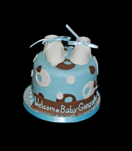 brown and blue sassy circles baby shower cupcake tower topper cake
