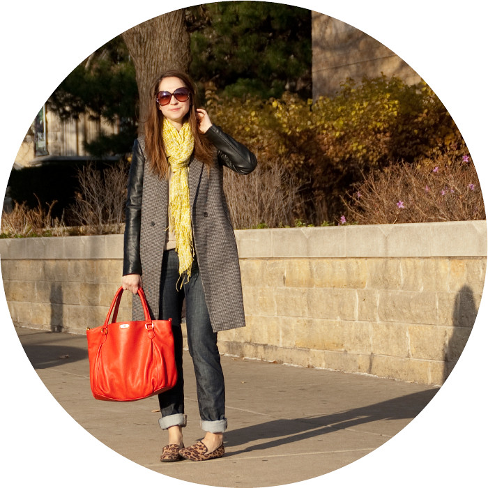 dash dot dotty, leather-sleeved coat, zara tweed coat, leopard loafers, lime scarf, red j.crew bag