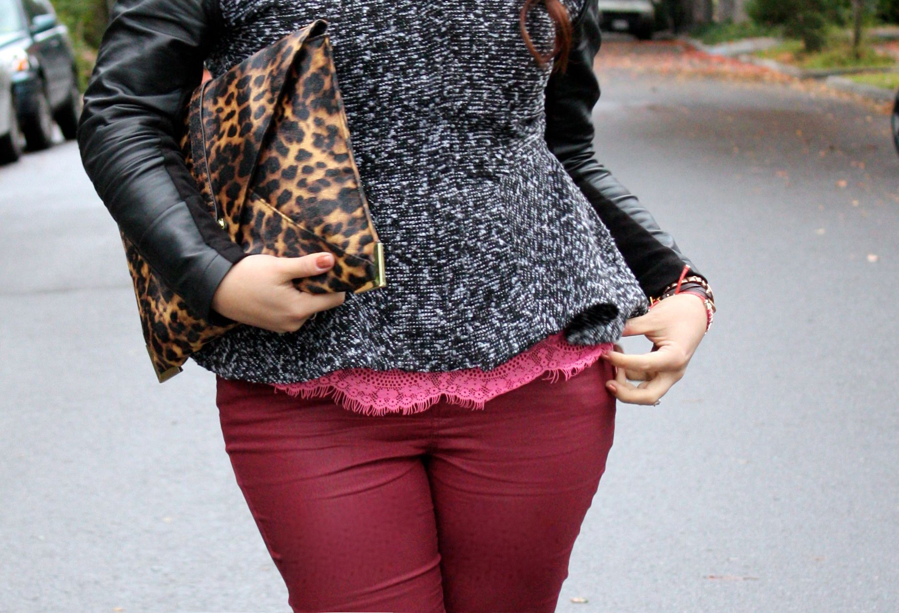 neon lace top - burgundy waxed jeans - tweed and leather peplum jacket - leopard envelope clutch06
