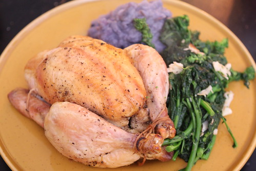 Roast Chicken with Garlic Broccoli Rabe and Mashed Purple Potatoes