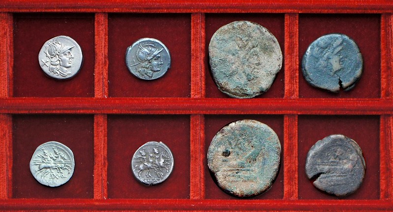 RRC 152 SX.Q Quinctilia denarius, RRC 155 PVR ligate Furia denarius, bronzes, Ahala collection, coins of the Roman Republic