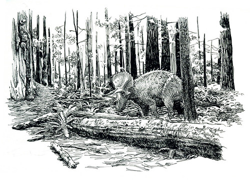 triceratops in a redwood forest