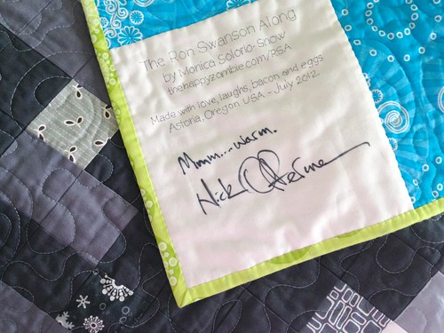 Nick Offerman's Swanson-esque handywork on my quilt label
