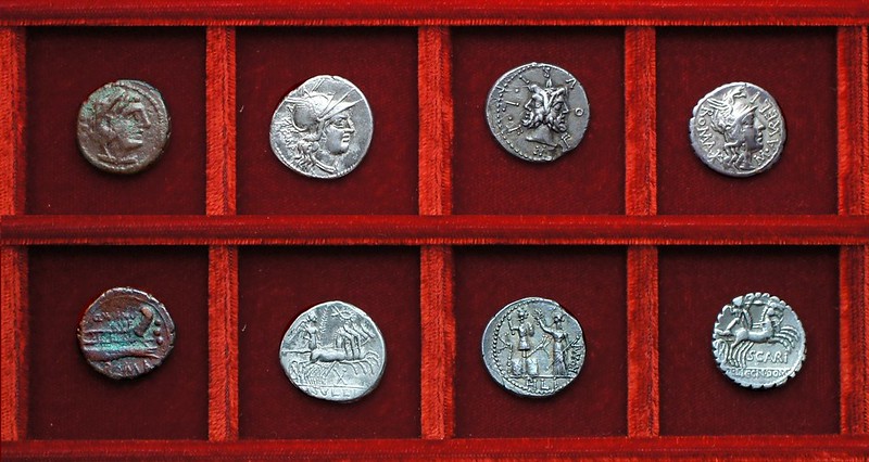 RRC 277 Q.MINV RVF Minucia quadrans, RRC 280 M.TVLLI Tullia, RRC 281 M.FOVRI Furia, RRC 282 M.AVRELI Aurelia, Ahala collection, coins of the Roman Republic