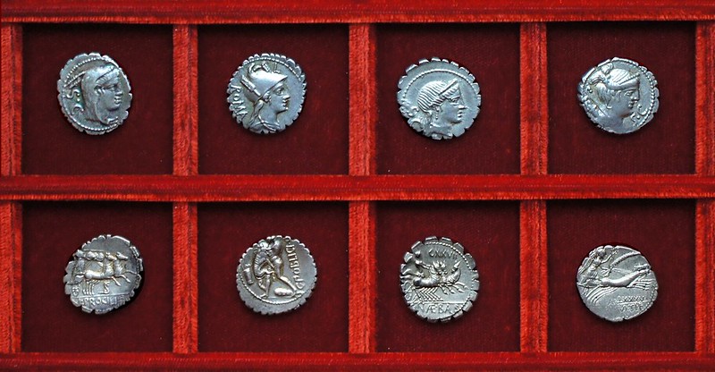RRC 379 L.PROCILI Procilia, RRC 380 C.POBLICI Poblicia, RRC 382 C.NAE BALB Naevia, RRC 383 TI.CLAVD Claudia, Ahala collection, coins of the Roman Republic