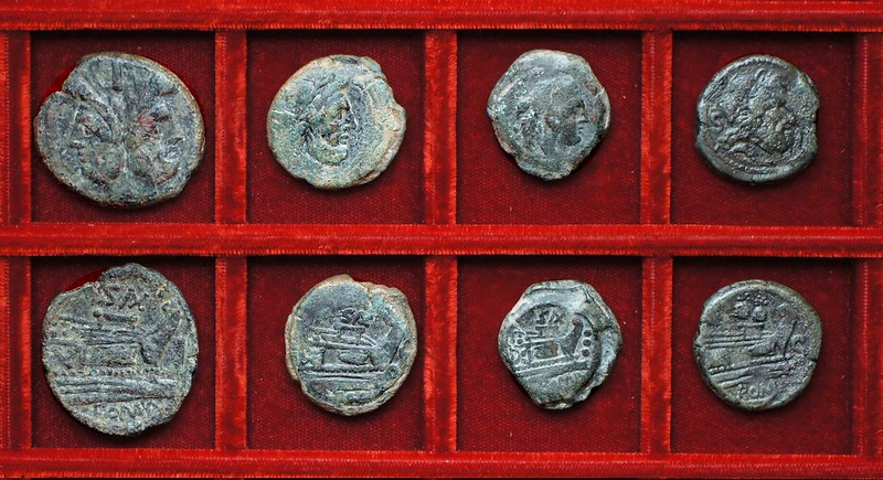 RRC 180 SAX Clovia bronzes, RRC 181 caps of dioscuri semis, Ahala collection, coins of the Roman Republic