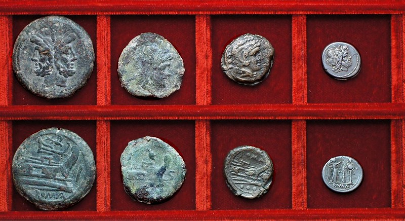 RRC 117B bird and rudder As, RRC 118 helmet bronzes, RRC 119 thunderbolt victoriatus, As, Ahala collection, coins of the Roman Republic