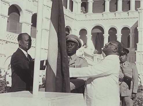 Sudan's flag raised at independence ceremony on January 1, 1956 by Prime Minister Isma'il Alazhari and in presence of opposition leader Mohamed Ahmed Almahjoub. The country celebrated its 57th anniversary on January 1, 2012. by Pan-African News Wire File Photos