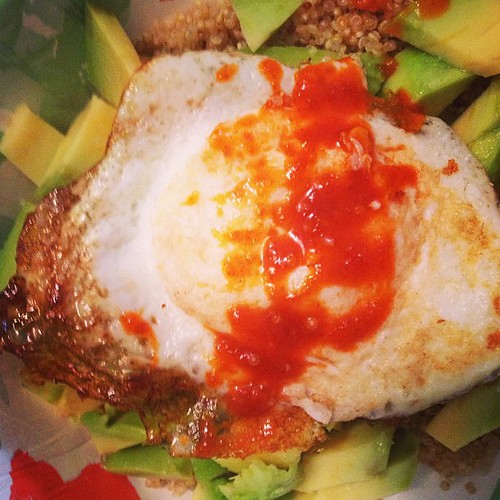 This was my brunch today: quinoa, avocado, and egg. Plus a drizzle of sriracha. Yum! #red #projectlife365