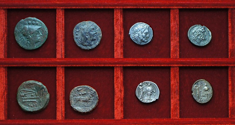 RRC 069 corn-ear and KA or IC bronzes, RRC 70 victoriatus, RRC 71 C-M victoriatus, Ahala collection, coins of the Roman Republic