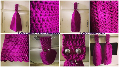 8 photos of bright magenta (pinkish purple) colored kitchen towels that have button-top closures on the top to hang over cabinet handles. Some up-close shots to show the stitch pattern and scalloped edging, and the textured silver buttons on the tops, plus some distance photos to show both of the towels hanging against my white kitchen cabinet doors.