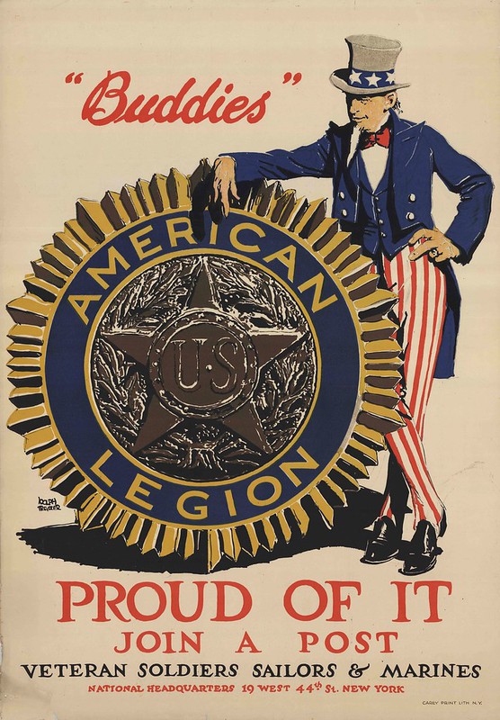 illustration in colour of Uncle Sam leaning against legion medallion