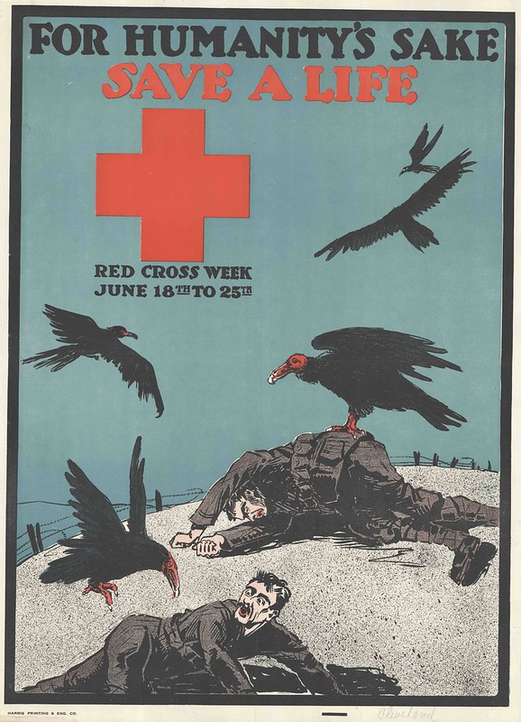 red cross war effor poster with dead or dying soldiers being pecked at by vultures