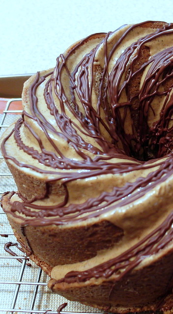 Espresso Spice Pound Cake drizzled with chocolate.