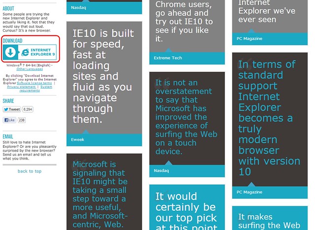 IE10 testimonials - but all it offers to download is IE9