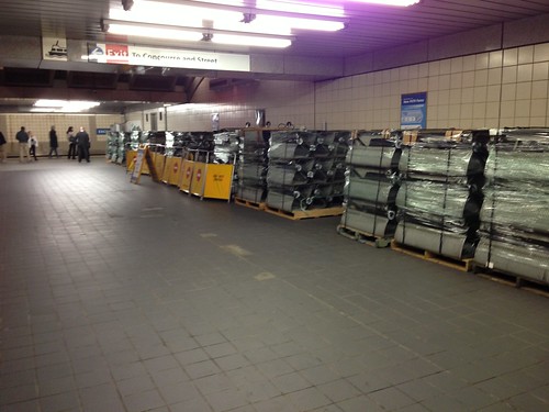 Pallets with replacement parts of Exchange Place elevators