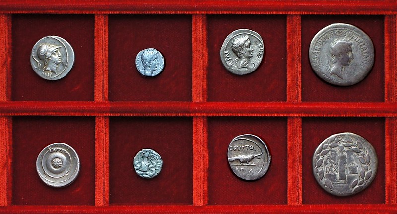 Octavian HCRI 428 Mars Shield, HCRI 429 IMP VII quinarius, HCRI 430 Aegypto Capta, HCRI 433 Cos VI Cistophorus, Ahala collection, coins of the Roman Republic