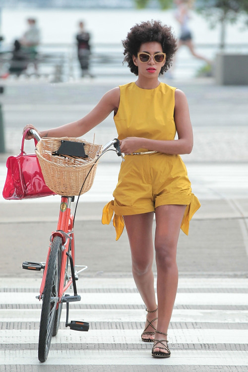 Solange-Mothers-Day-Azzedina-Alaia-Studded-Suede-Flat-Sandals-Yellow-Jumpsuit