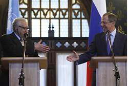 United Nations envoy to Syria Lakhdar Brahimi with Russian Foreign Minister Sergey V. Lavrov in Moscow. The held high-level discussions on the war in Syria. by Pan-African News Wire File Photos