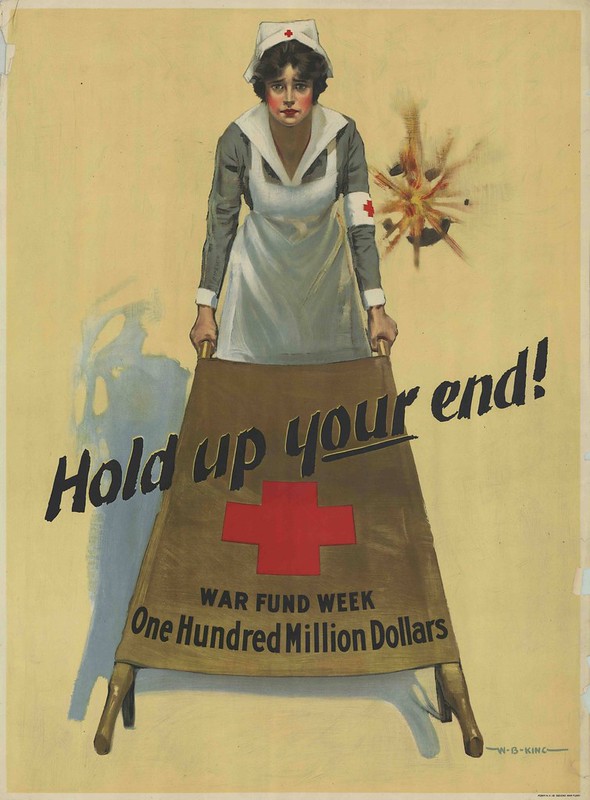 heart-string tugging illustration for war effort with nurse holding one end of a stretcher