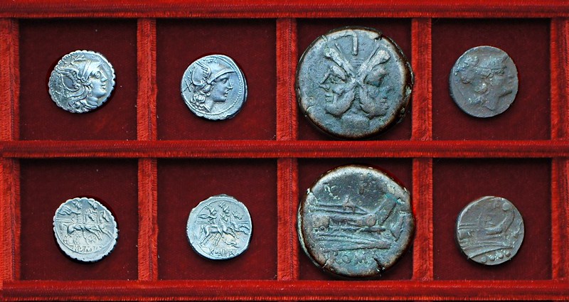 RRC 079 wheel denarius, RRC 80 dolphin denarius and bronzes, Ahala collection, coins of the Roman Republic
