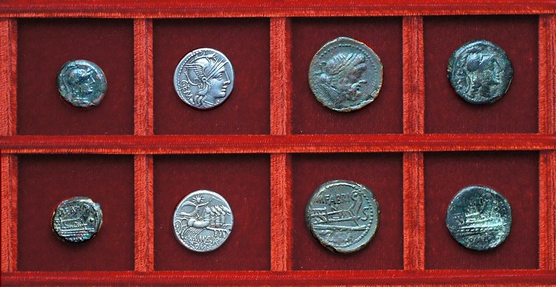 RRC 249 P.MAE.ANT Antestia uncia, RRC 250 M.ABVRI GEM Aburia denarius, RRC 251 M.FABRINI Fabrinia bronzes, Ahala collection, coins of the Roman Republic