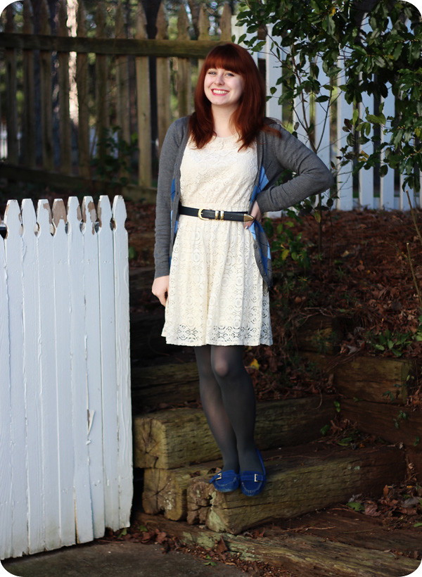 Winterizing a Lace Dress with an Argyle Cardigan and Moccasins