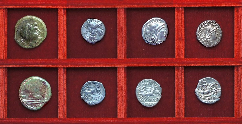 RRC 226 C.TITINI Titinia semis, RRC 228 C.VAL FLAC Valeria XVI and X denarii, RRC 232 CN.GELI denarius, Ahala collection, coins of the Roman Republic