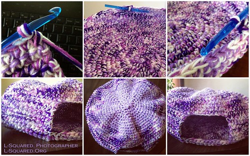 Big purple and white round, dome-shaped cat bed in progress and completed.
