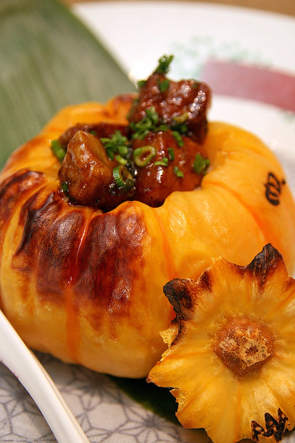 Japanese Fragrant Rice with XO Sausages and Pan-seared Foie Gras served in Steamed Yellow Pumpkin