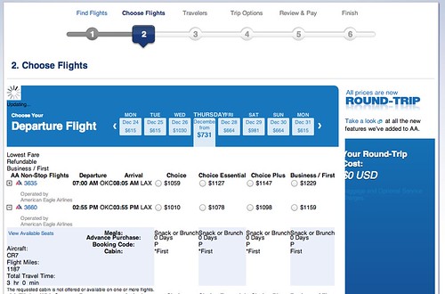 American Airlines website matrix