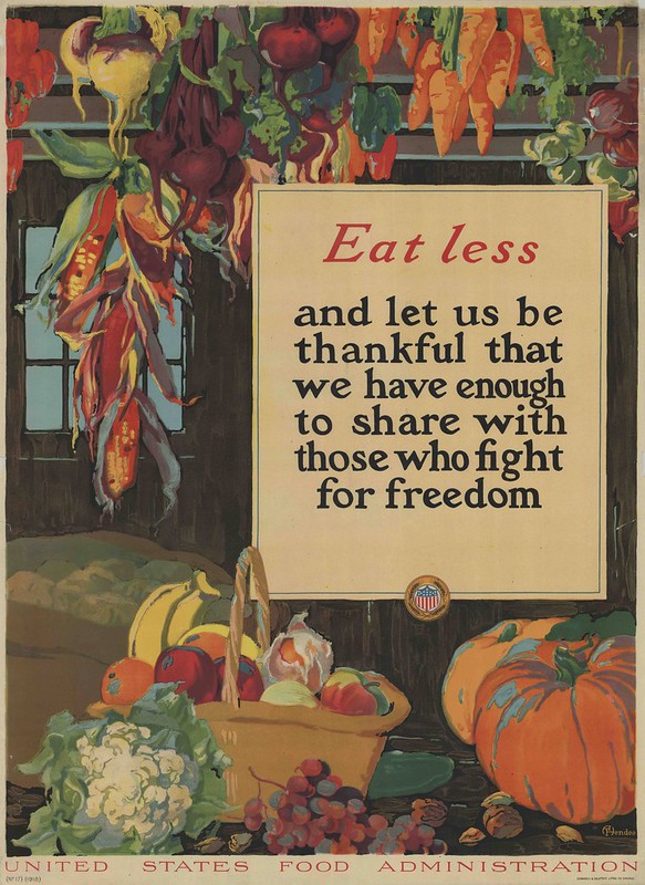 colourful poster of vegetables encouraging people to eat less for war effort
