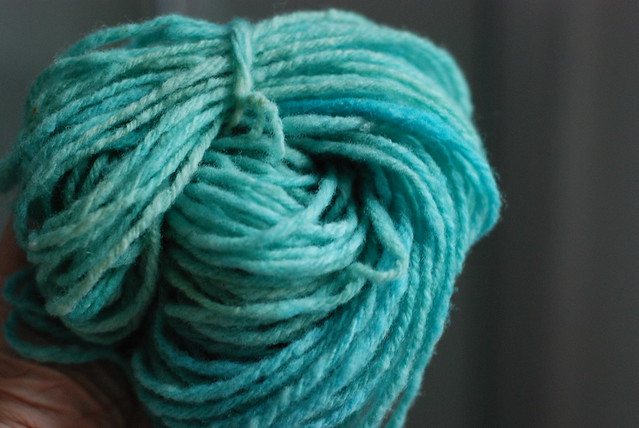 Hand-dyed handspun Bowmont wool yarn in greens & blues