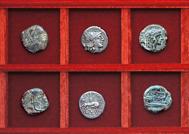RRC 234 TI.VETVR Veturia quadrans, RRC 235 SEX POM FOSTVLUS Pompeia, RRC 239 C.SERVEILI M.F Servilia, Ahala collection, coins of the Roman Republic