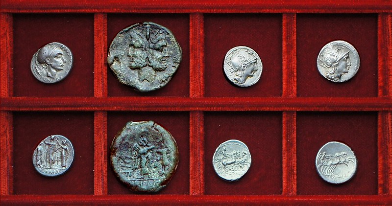 RRC 296 CN.BLASIO CN.F Cornelia denarius, as, RRC 299  AP.CL T.MAL Q.VR Claudia, RRC 300 C.PVLCHER Claudia, Ahala collection, coins of the Roman Republic
