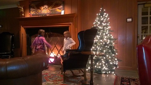 At the lodge fireplace