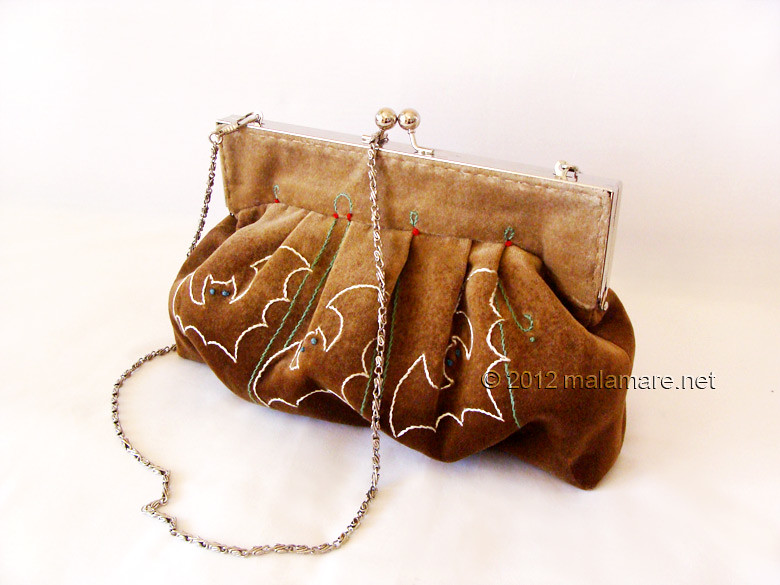 Brown velvet clutch bag with bat hand embroidery and purse frame chain handle