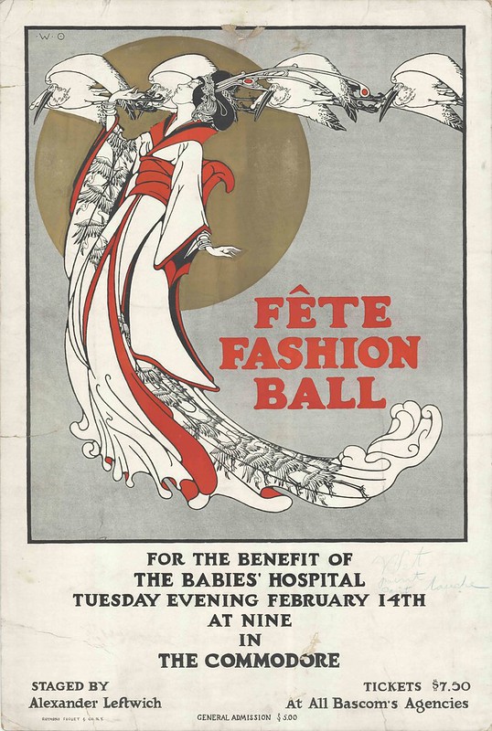 advert poster for ball with Japanese woman illustrated in long stylised flowing gown