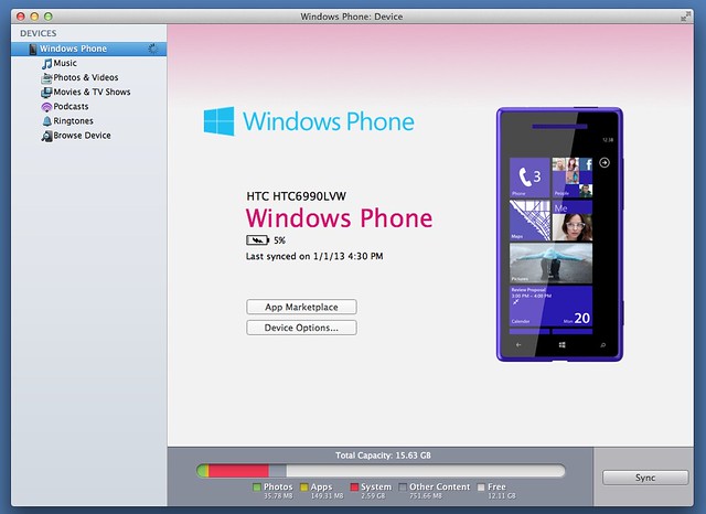 Windows Phone for Mac Menu Screen