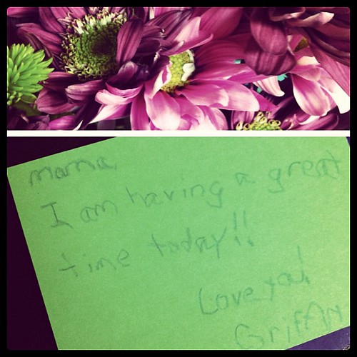 flowers & a sweet note from my boy. melt my heart.