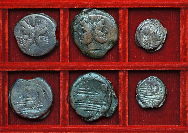 RRC 197-198B As, McCabe group K1, RRC 197-198B As, McCabe group K3, RRC 199 SAR Atilia As, Ahala collection, coins of the Roman Republic