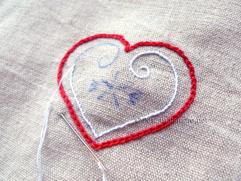 Heart embroidery pattern stitching onto linen