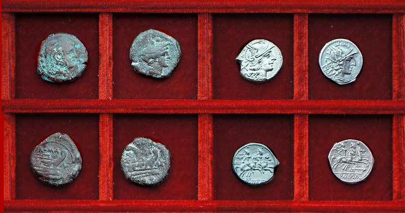 RRC 164 Dioscuri denarius, RRC 165 anchor denarius, RRC 162 MAT Matiena bronzes (slender letters), Ahala collection, coins of the Roman Republic