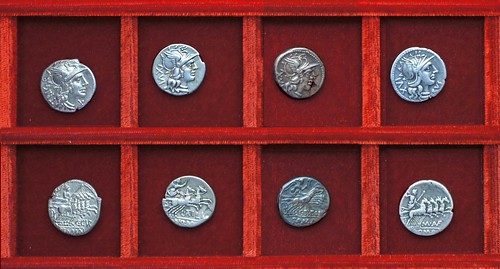 RRC 223 C.CVR TRIG Curiatia, RRC 225 L.ATILI NOM Atilia, RRC 226 C.TITINI Titinia, RRC 227 M.AVF RVS Aufidia, Ahala collection, coins of the Roman Republic