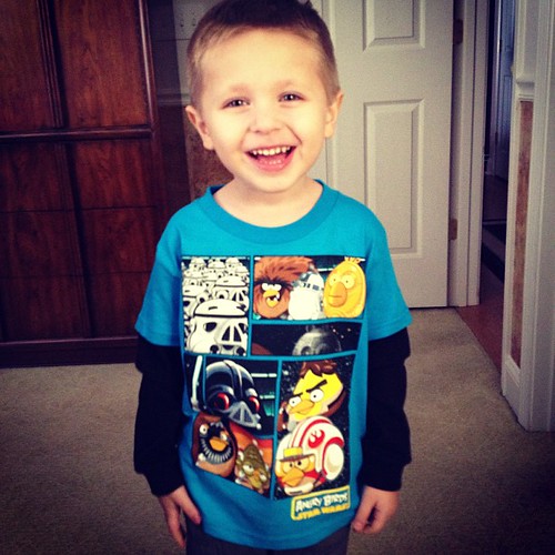 So handsome in his new Angry Birds shirt from Aunt Amy!
