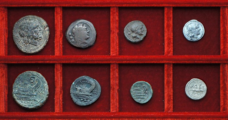 RRC 084 ROMA monogram bronzes, RRC 85 H quinarius, Ahala collection, coins of the Roman Republic